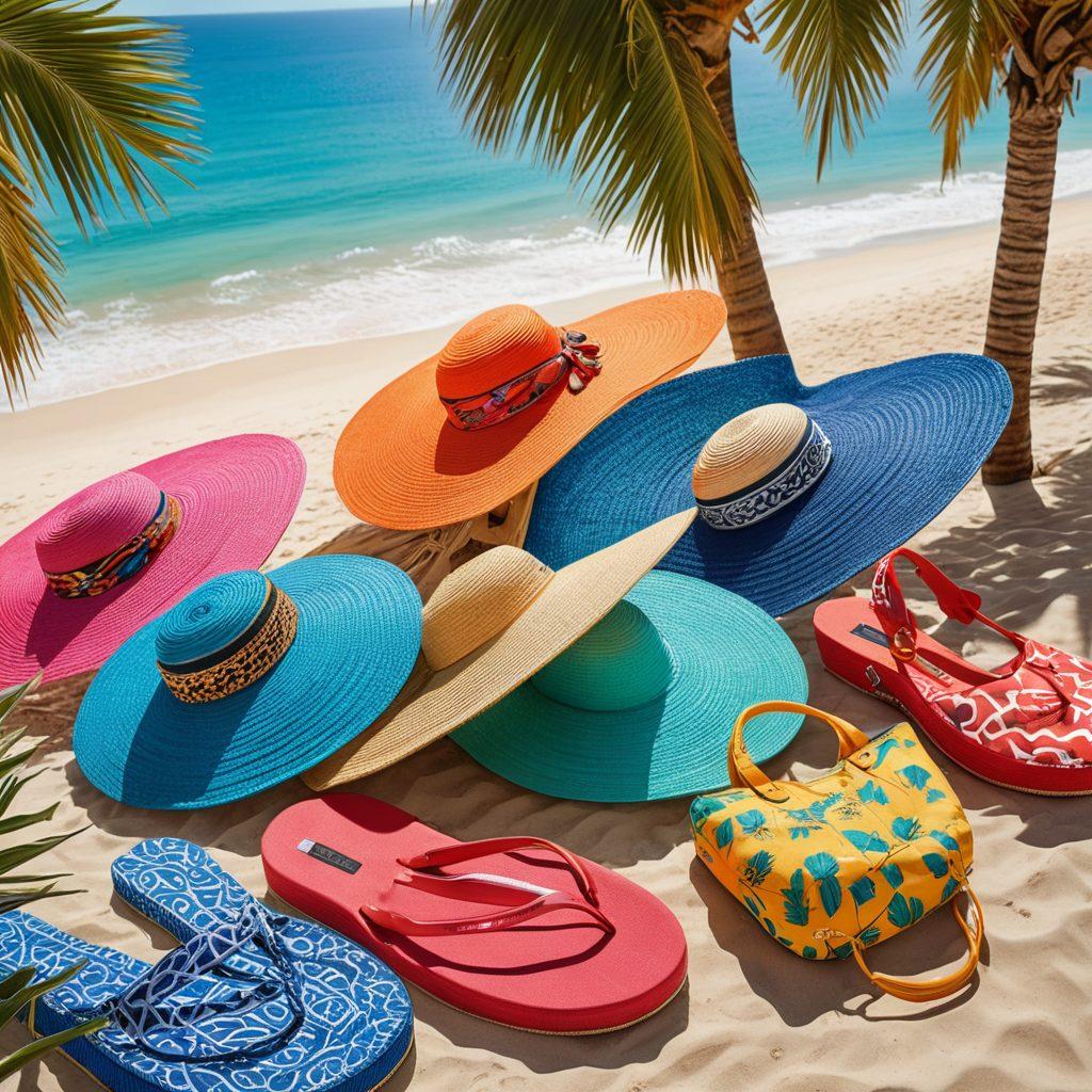 A sun-soaked beach scene featuring a stylish poolside deck with luxurious lounge chairs and umbrellas, complemented by a variety of vibrant beachwear spread out attractively. The ocean glistens in the background, with a clear blue sky and palm trees swaying gently in the breeze. Include trendy beach accessories like sunglasses, hats, and beach bags. Captivate the essence of summer fashion and relaxation. super-realistic. vibrant colors. 3D.